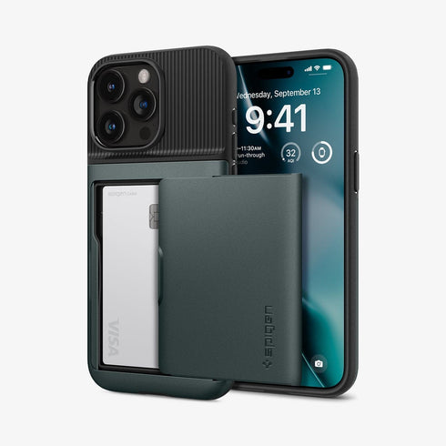 ACS06589 - iPhone 15 Pro Max Case Slim Armor CS in black showing the back with card in slot